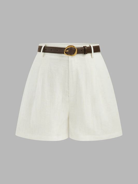 High Waist Belted Linen Blend Shorts