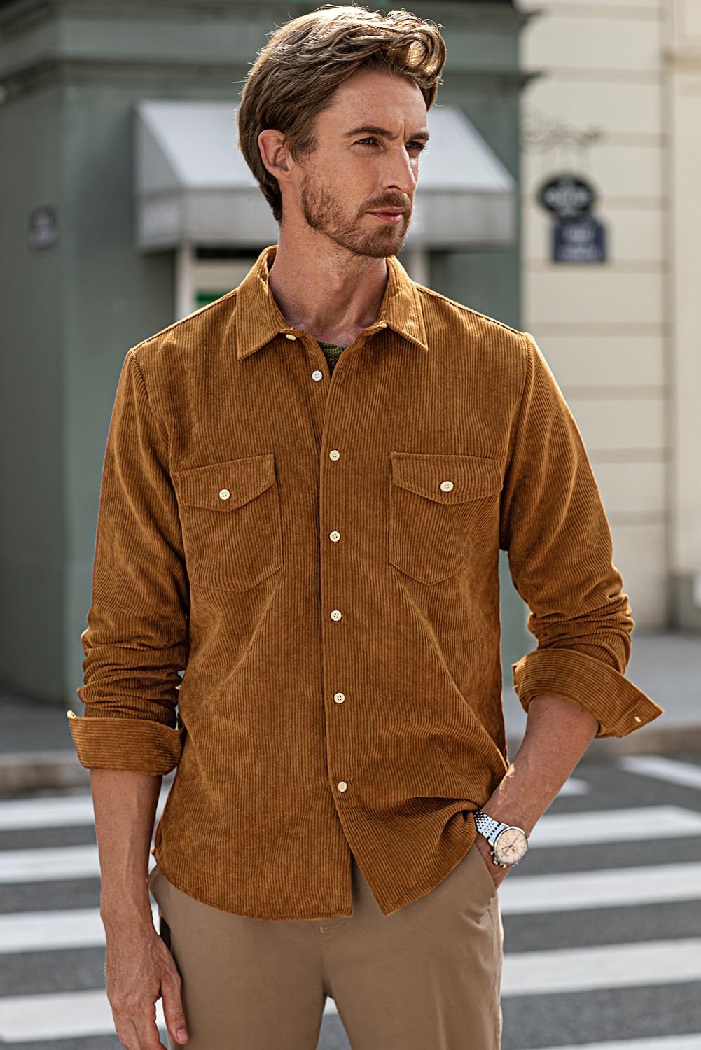 Men's Corduroy Button Down Shirts Casual Long Sleeve Shacket Jacket with Flap Pockets