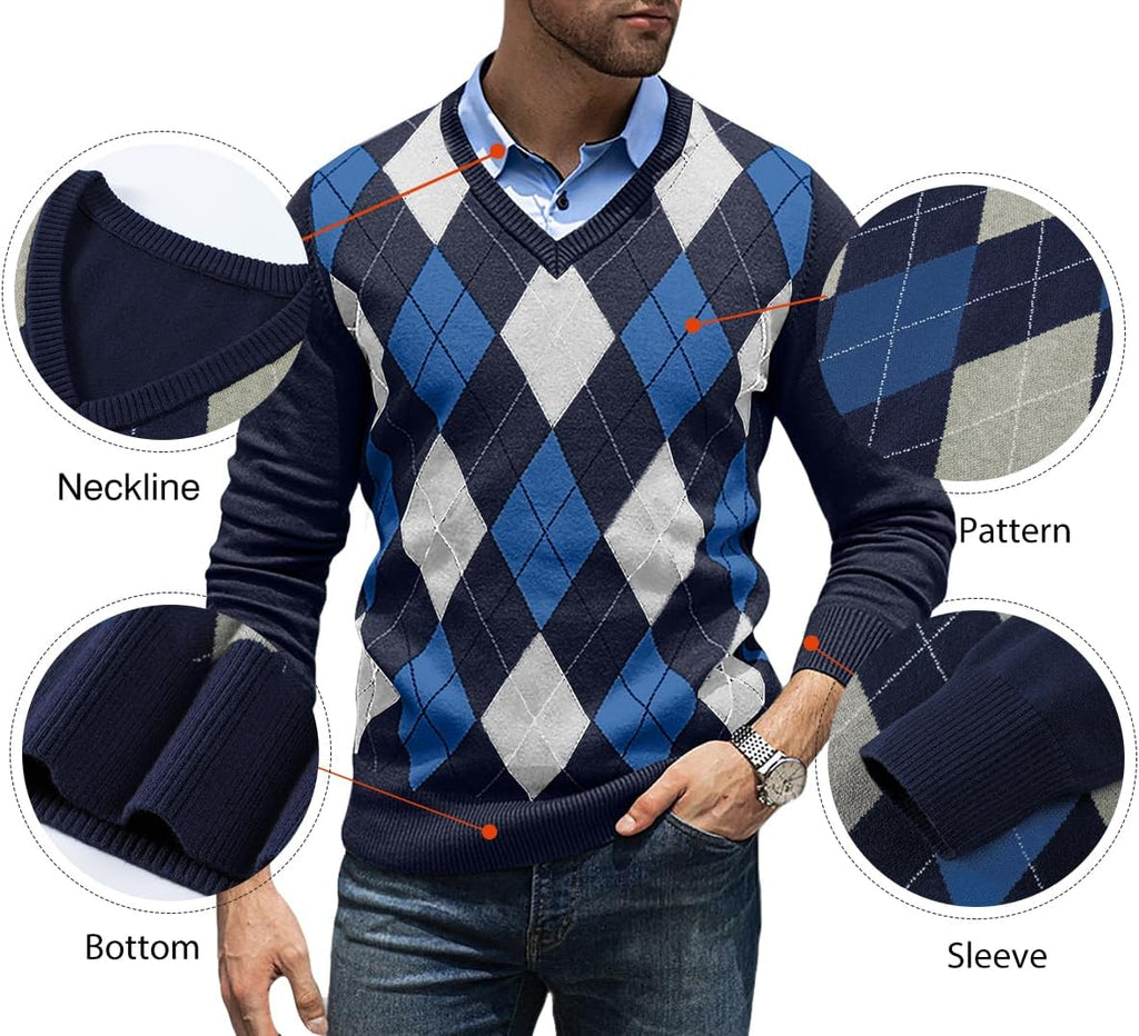 Mens Sweaters Casual V Neck Ribbed Knit Slim Fit Long Sleeve Argyle Pullover