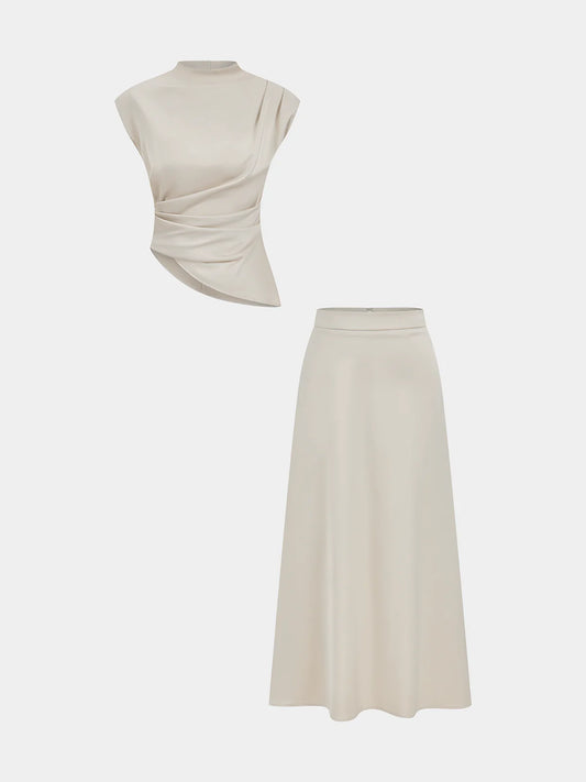 Satin Asymmetric Ruched Top & Midi Skirt Set