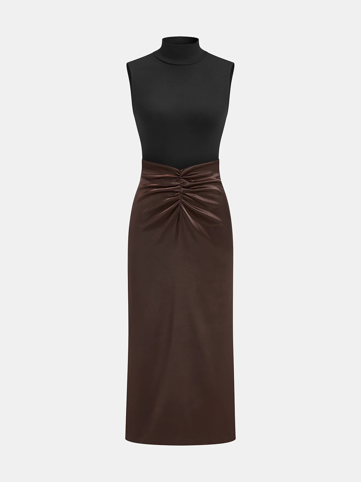 Mock Neck Top and Ruched Satin Skirt Set
