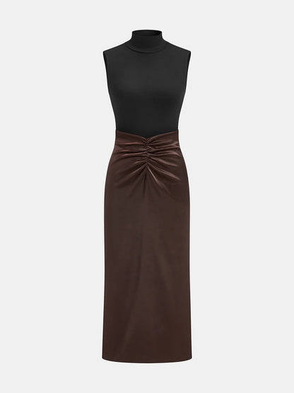 Mock Neck Top and Ruched Satin Skirt Set
