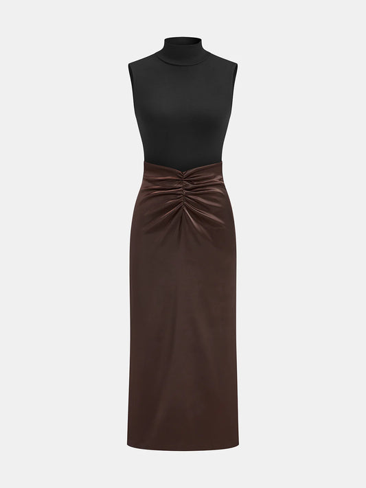 Mock Neck Top and Ruched Satin Skirt Set