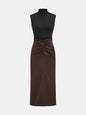 Mock Neck Top and Ruched Satin Skirt Set