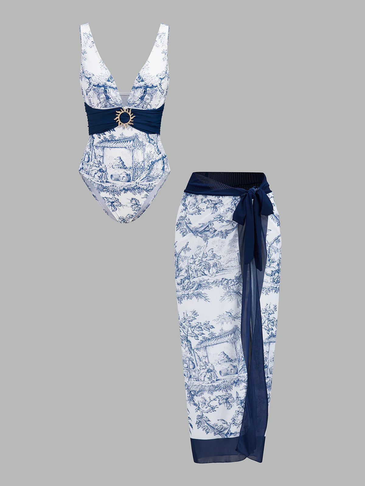 Printed One Piece Swimsuit & Sarong Set