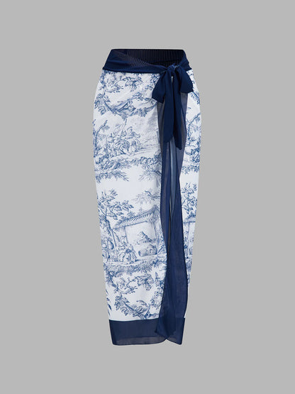 Printed One Piece Swimsuit & Sarong Set