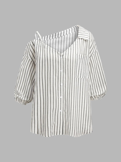 Striped Cotton Cold Shoulder Half Sleeve Blouse
