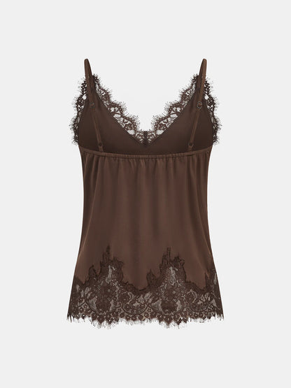 Lace Trim Satin V-Neck Cami Top