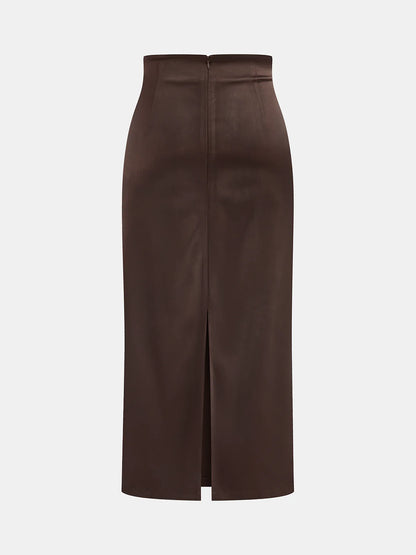Mock Neck Top and Ruched Satin Skirt Set