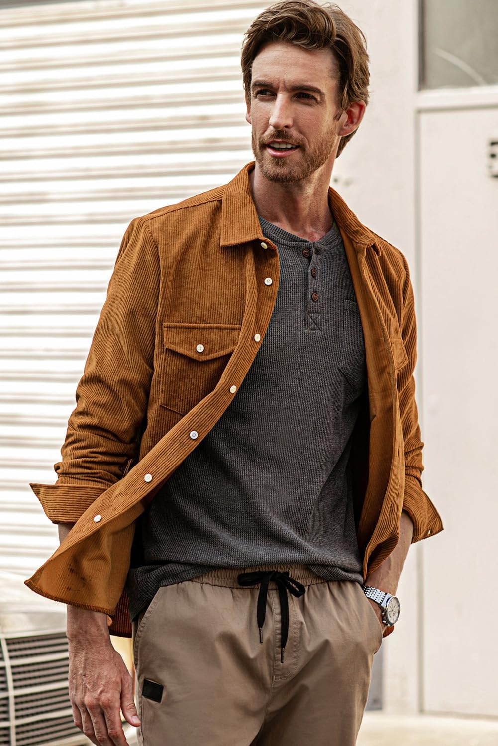 Men's Corduroy Button Down Shirts Casual Long Sleeve Shacket Jacket with Flap Pockets