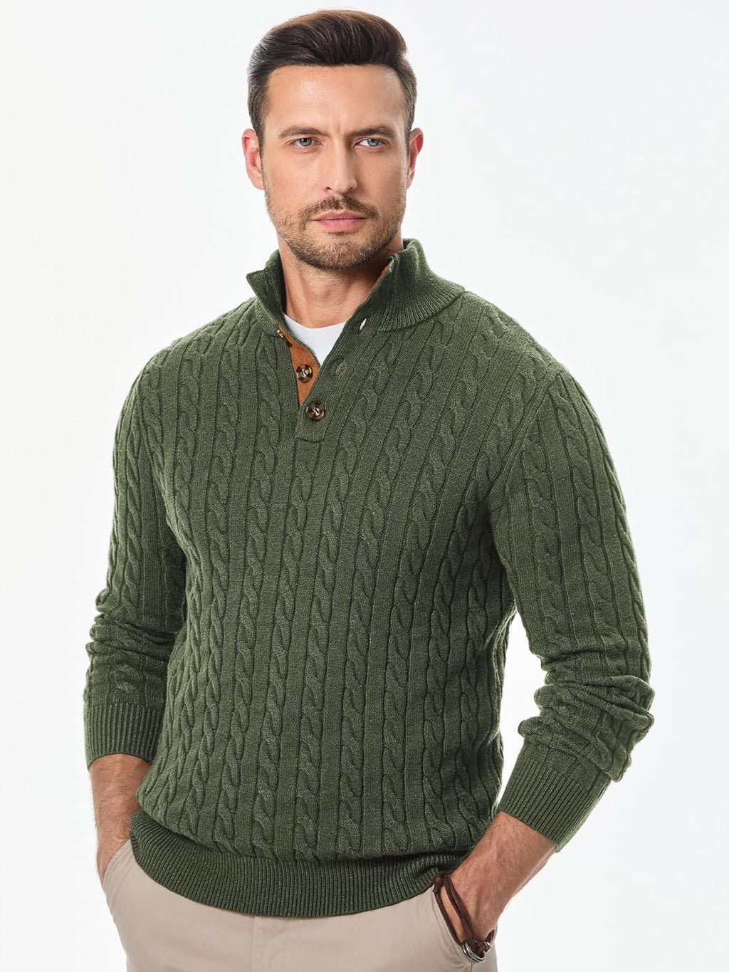 Men's Cable Knit Pullover Sweater Casual Long Sleeve Stand Collar Button Knitted Sweaters
