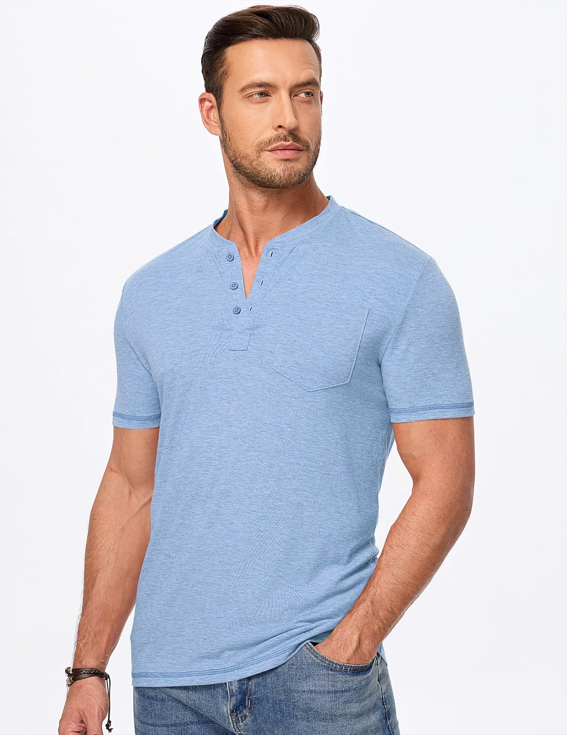 Mens Henley Shirts Short Sleeve Casual Basic Button Up Tees Pocket T Shirts for Men