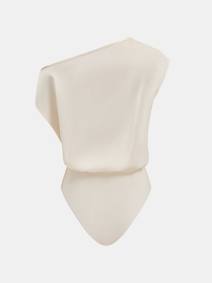 Satin One-Shoulder Drape Bodysuit