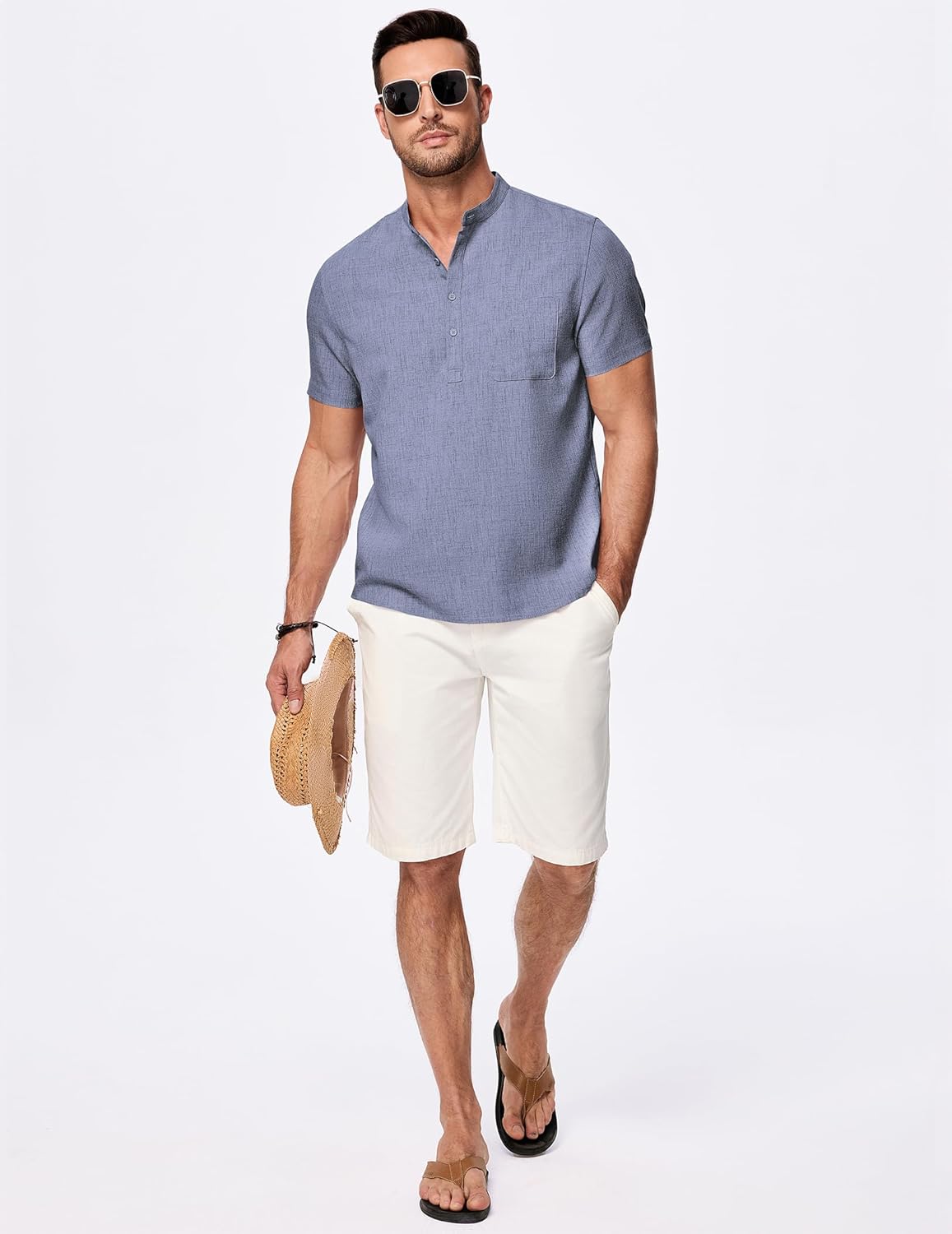 Mens Short Sleeve Linen Henley Shirts Casual Button Down Shirt Summer Beach Wear with Pocket