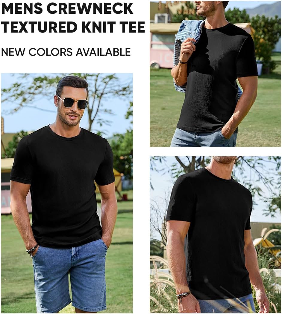Mens T-Shirt Short Sleeve Muscle Textured Knit Crewneck Slim T Shirt Gym Workout Athletic Tee Shirts