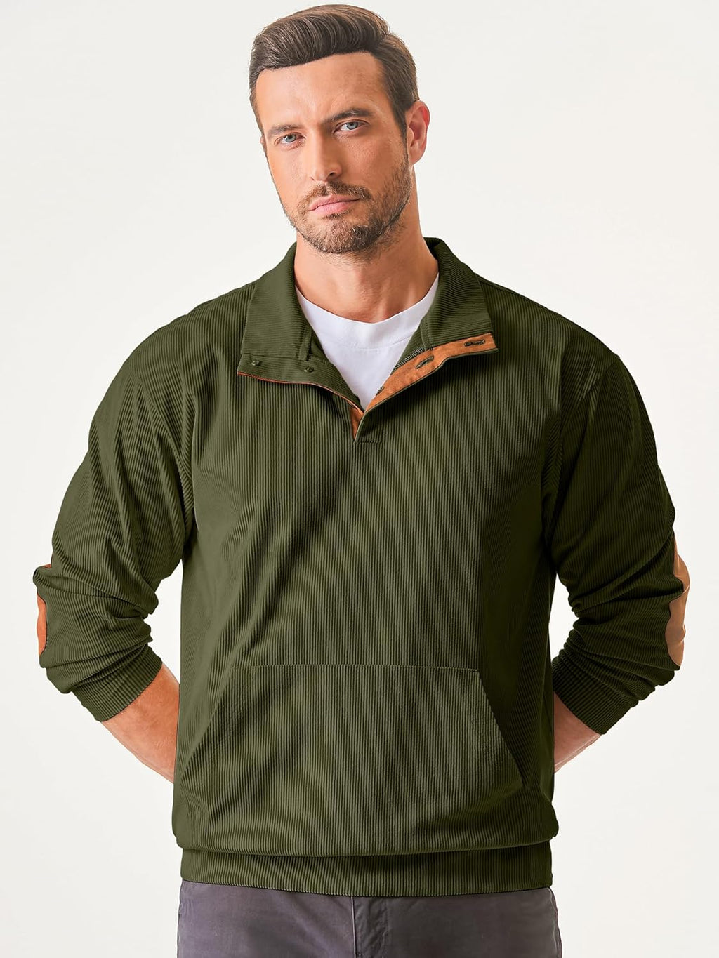Mens Warm Corduroy Sweatshirt Casual Stand Collar Quarter Fall Metal Button Pullover Sweaters Long Sleeve with Pockets