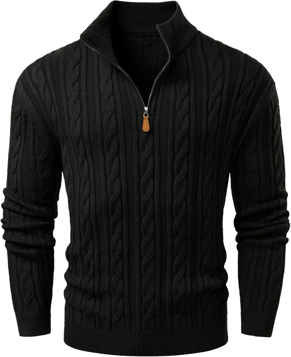 Men's Quarter Zip Pullover Sweater Cable Knit Casual Stand Collar Texture Knitted Sweaters