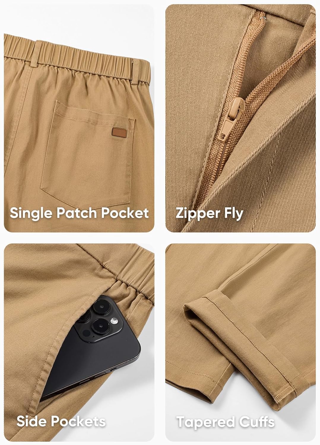 Men's Chino Pants Casual Stretch Waist Tapered Trousers with Pockets