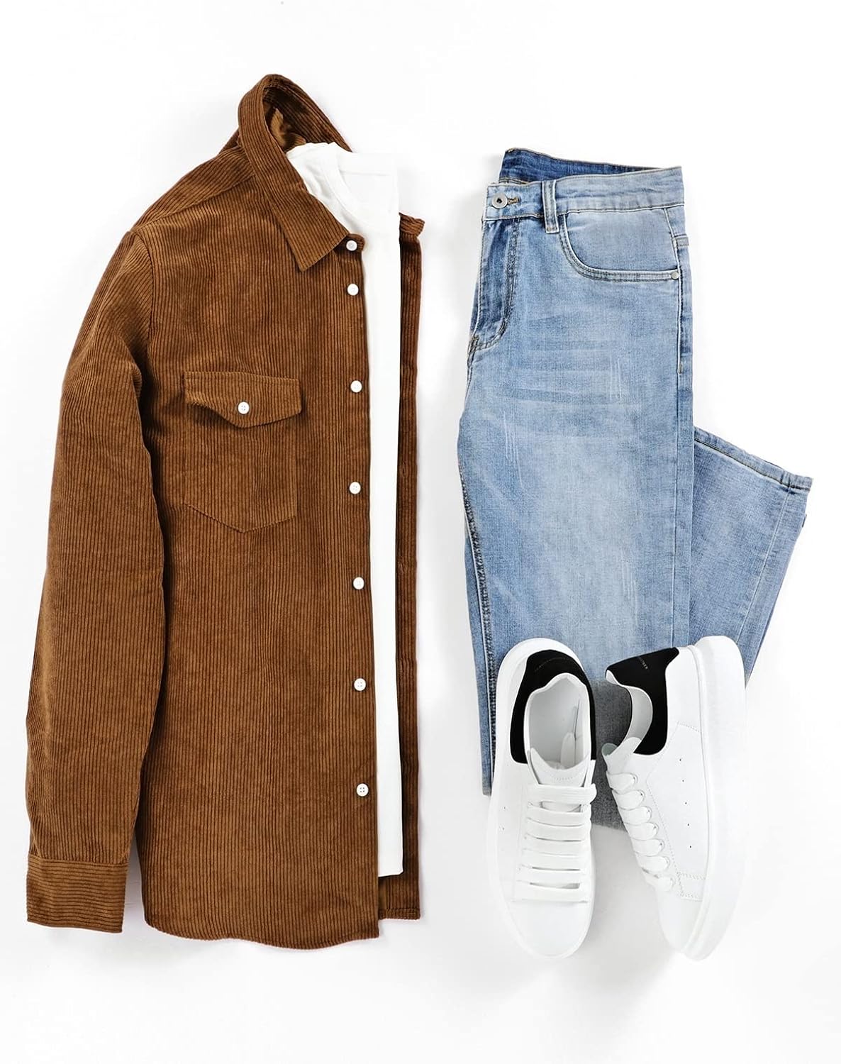 Men's Corduroy Button Down Shirts Casual Long Sleeve Shacket Jacket with Flap Pockets