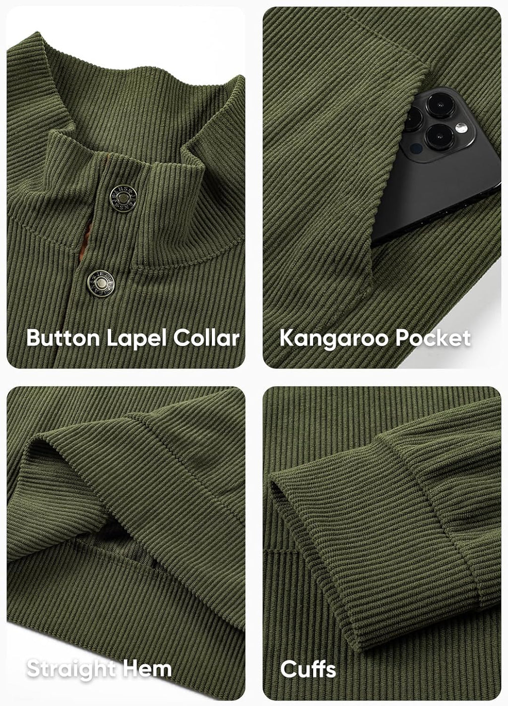 Mens Warm Corduroy Sweatshirt Casual Stand Collar Quarter Fall Metal Button Pullover Sweaters Long Sleeve with Pockets