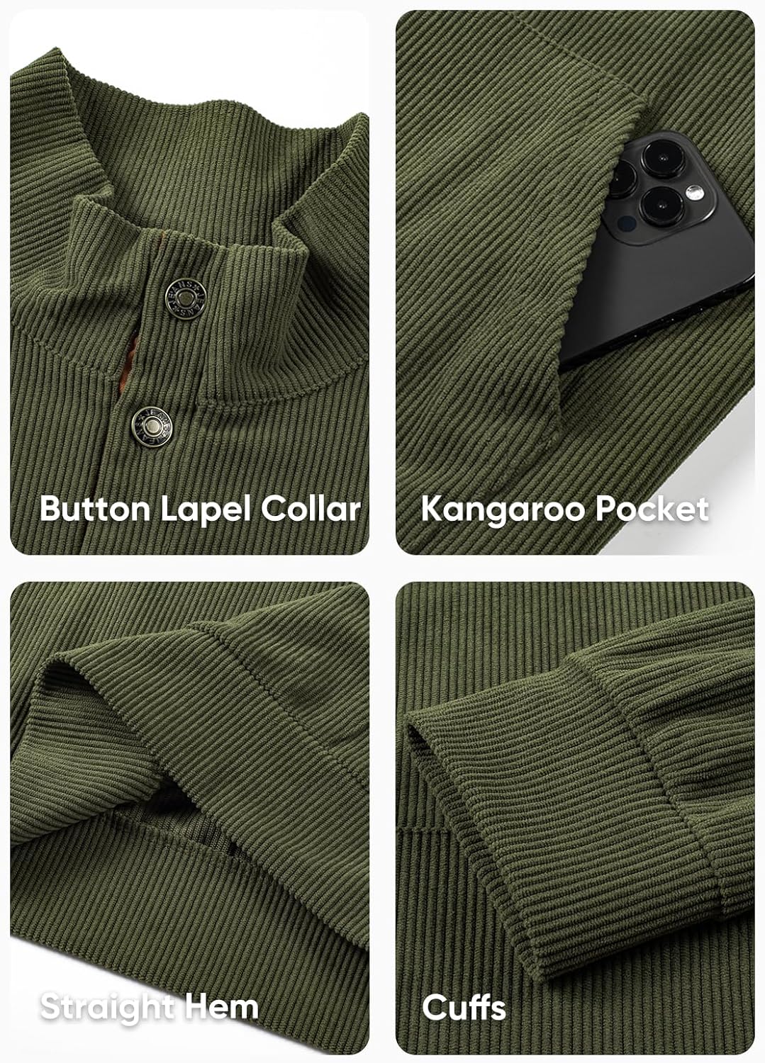 Mens Warm Corduroy Sweatshirt Casual Stand Collar Quarter Fall Metal Button Pullover Sweaters Long Sleeve with Pockets