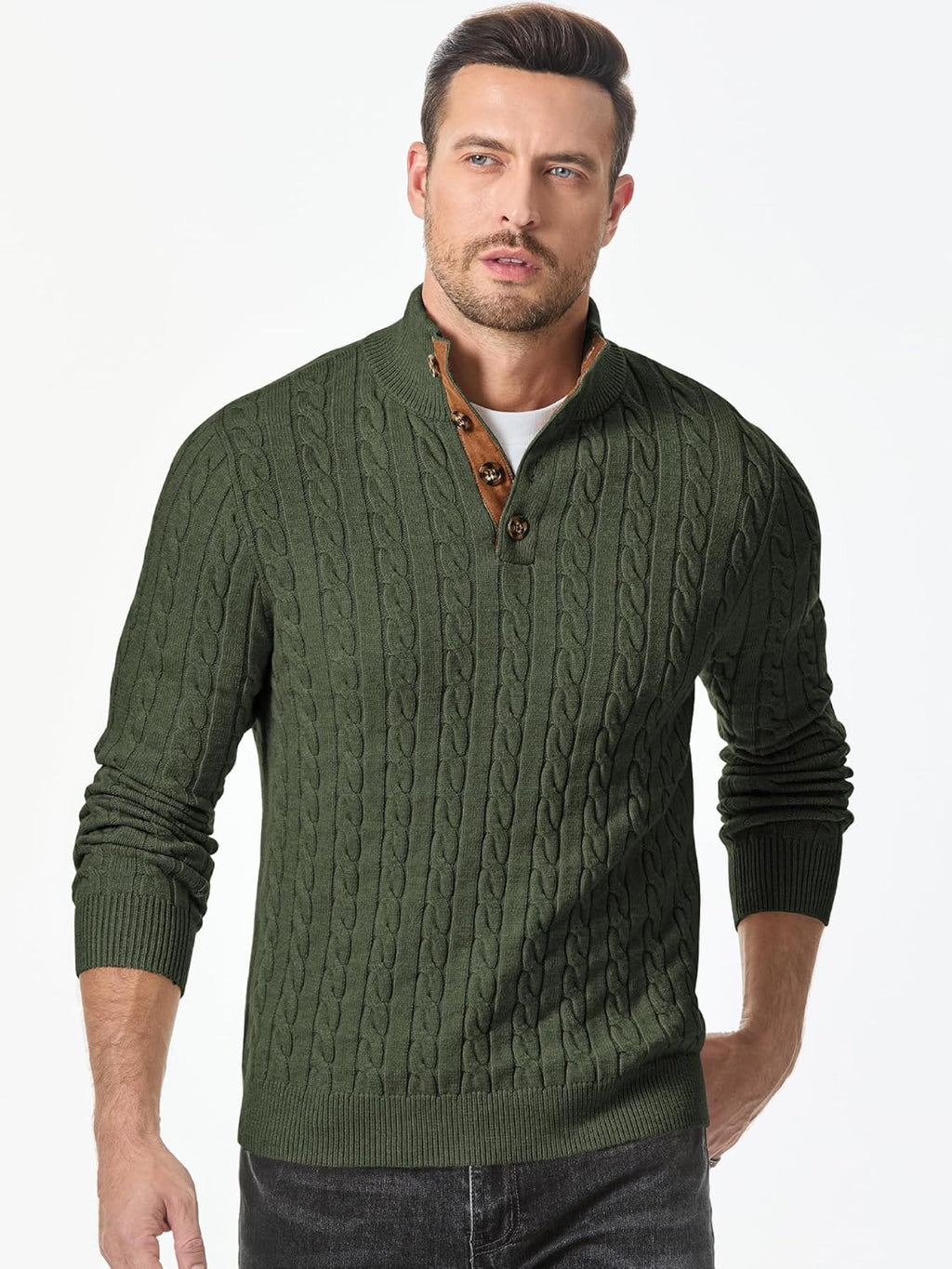 Men's Cable Knit Pullover Sweater Casual Long Sleeve Stand Collar Button Knitted Sweaters