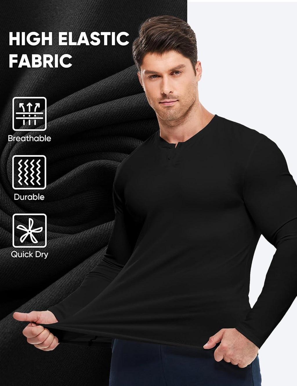 Mens Muscle Slim Henley Shirt Button V-Neck Long Sleeve Gym Workout Athletic T Shirts