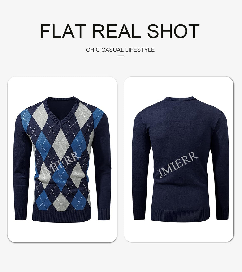 Mens Sweaters Casual V Neck Ribbed Knit Slim Fit Long Sleeve Argyle Pullover