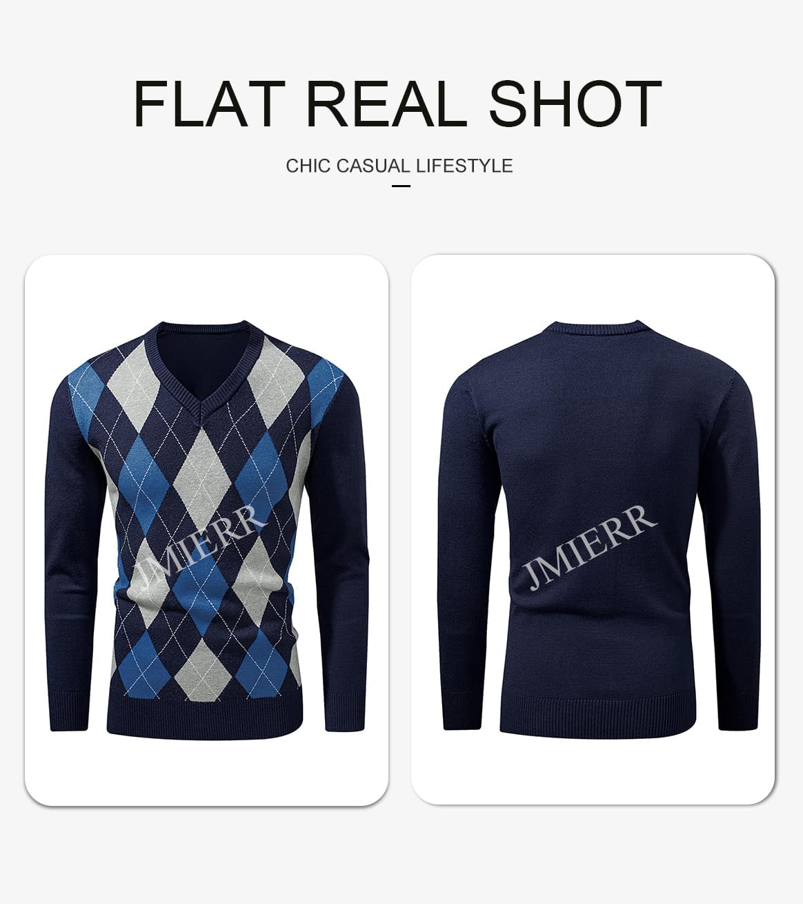 Mens Sweaters Casual V Neck Ribbed Knit Slim Fit Long Sleeve Argyle Pullover