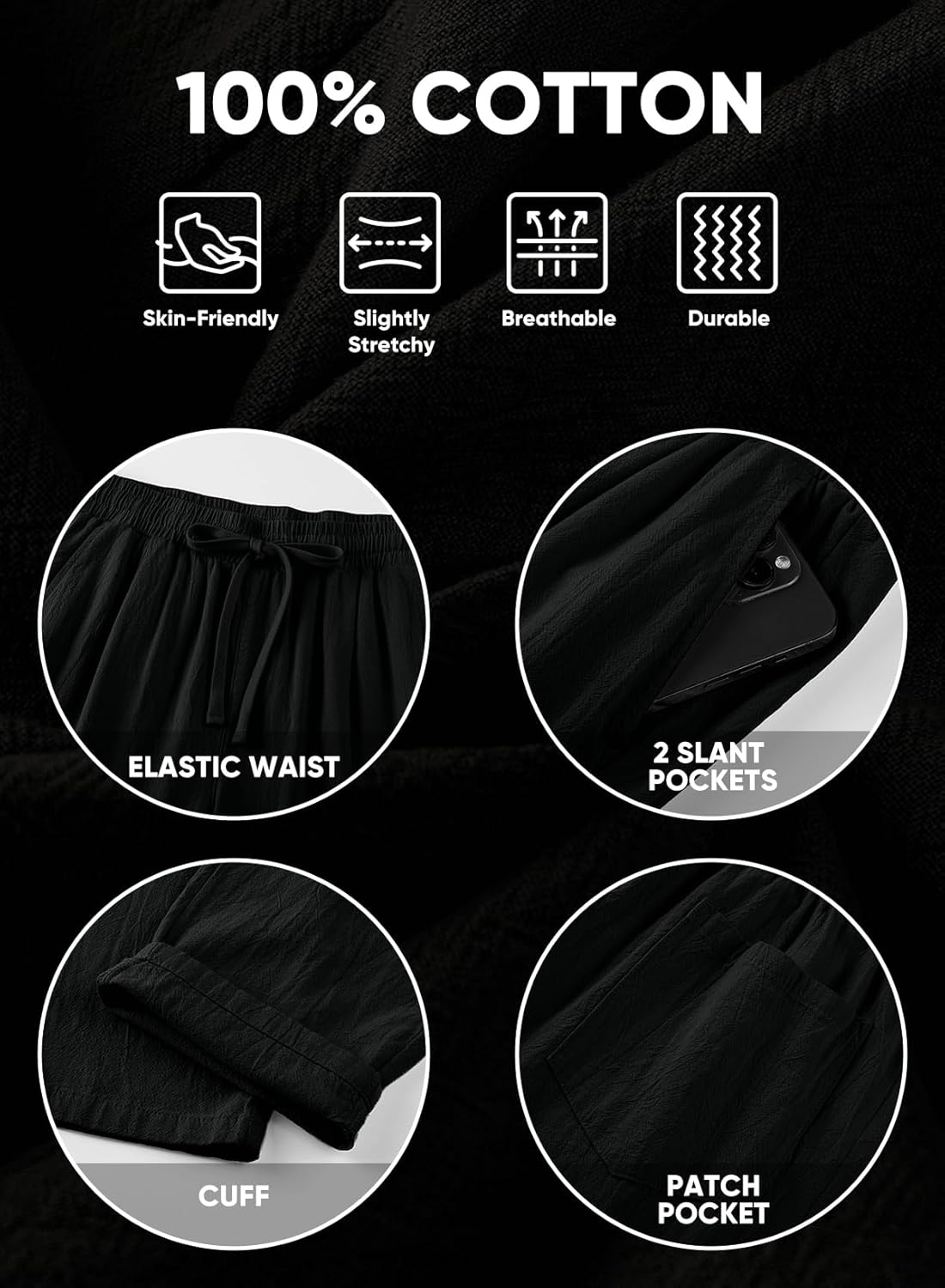 Mens Cotton Pants Casual Elastic Waist Drawstring Lightweight Summer Beach Trousers with Pockets