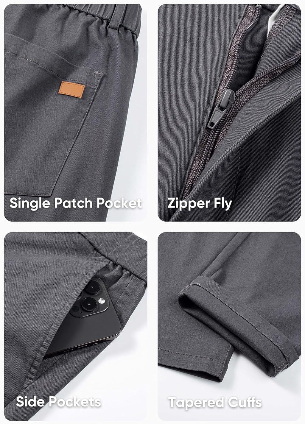 Men's Chino Pants Casual Stretch Waist Tapered Trousers with Pockets