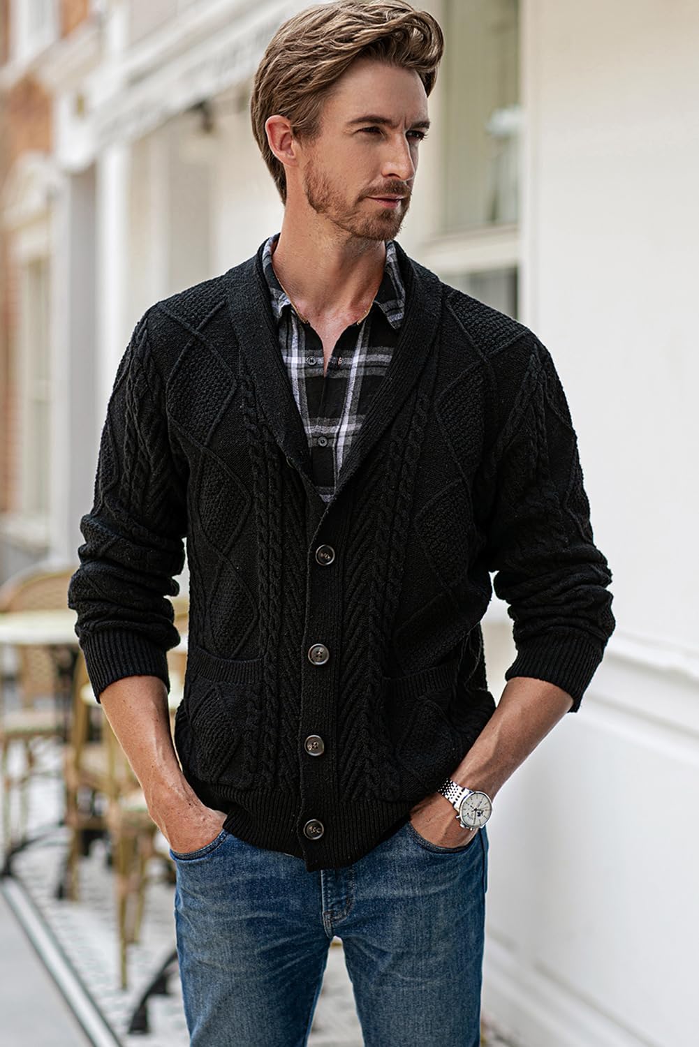 Men's Casual Wool Blend Long Sleeve Shawl Collar Buttons Down Cable Knit Cardigan Sweater