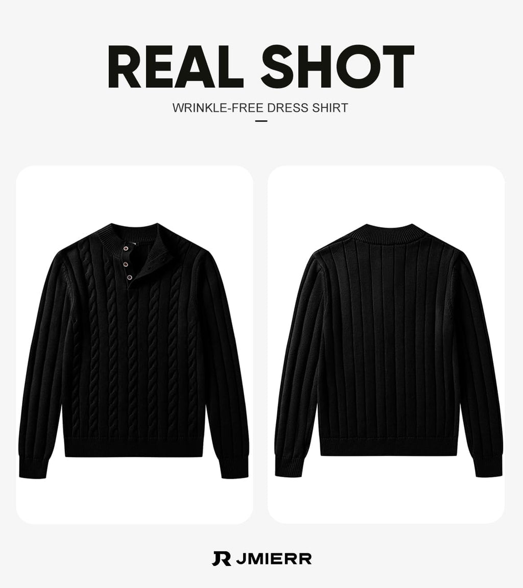 Men's Wool Blend Cable Knit Sweater Casual Long Sleeve Button Stand Collar Old Money Pullover Sweaters