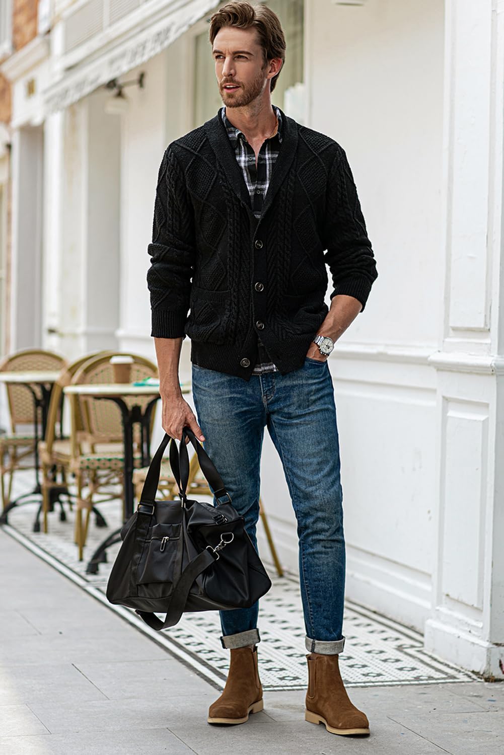 Men's Casual Wool Blend Long Sleeve Shawl Collar Buttons Down Cable Knit Cardigan Sweater