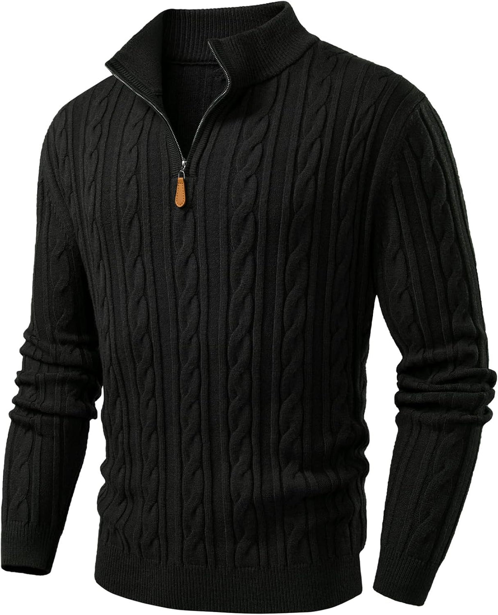 Men's Quarter Zip Pullover Sweater Cable Knit Casual Stand Collar Texture Knitted Sweaters