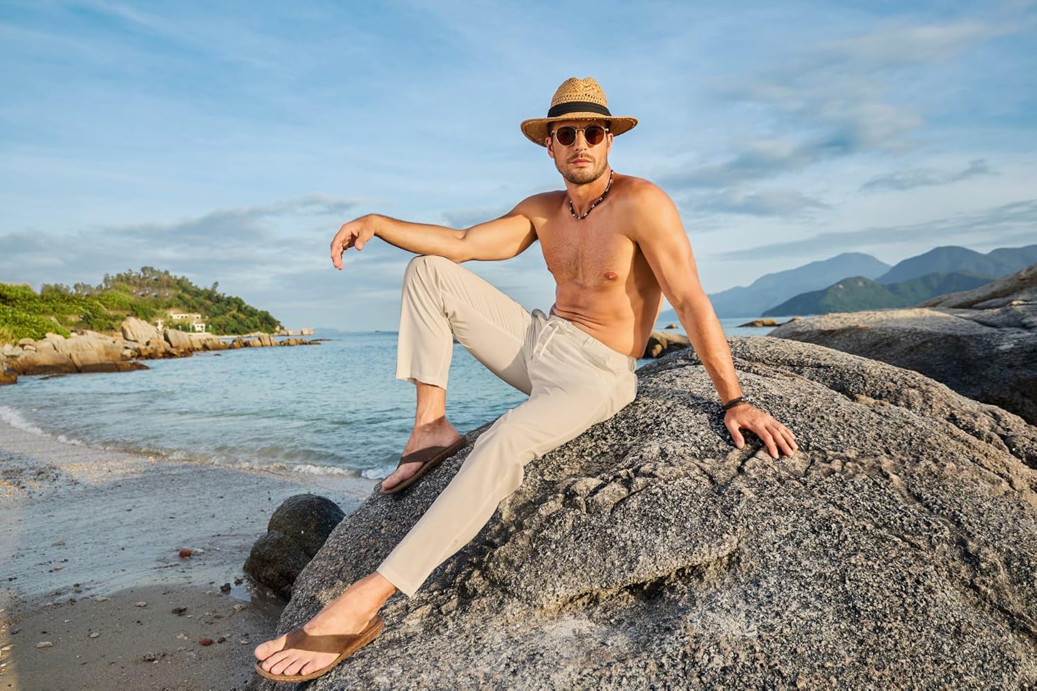 Men's Casual Drawstring Pants Elastic Waist Lightweight Pant Summer Beach Trouser with Pockets