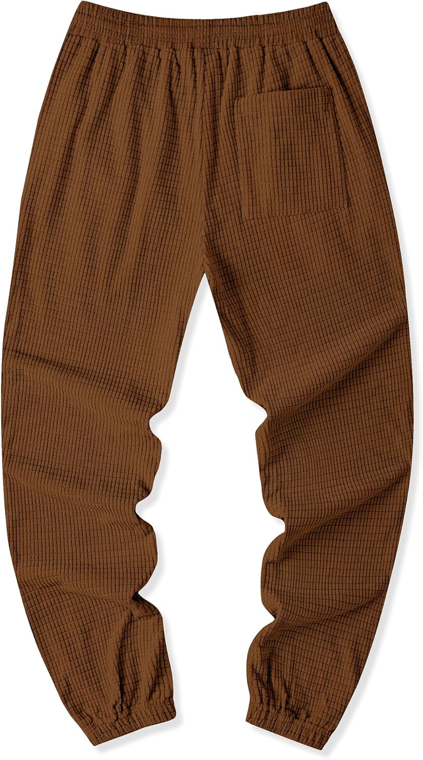 Mens Casual Pants Waffle Textured Drawstring Stretch Elastic Waist Tapered Joggers with Pockets