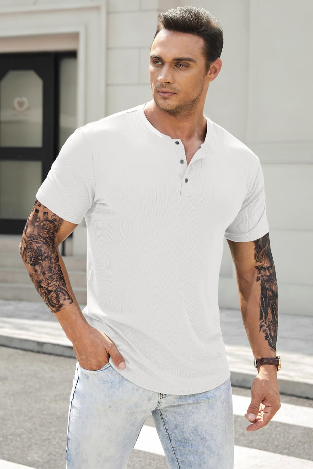 Men's Muscle Slim Henley Shirts Crewneck Longline T-Shirt Gym Workout Athletic Shirt Tees with Button