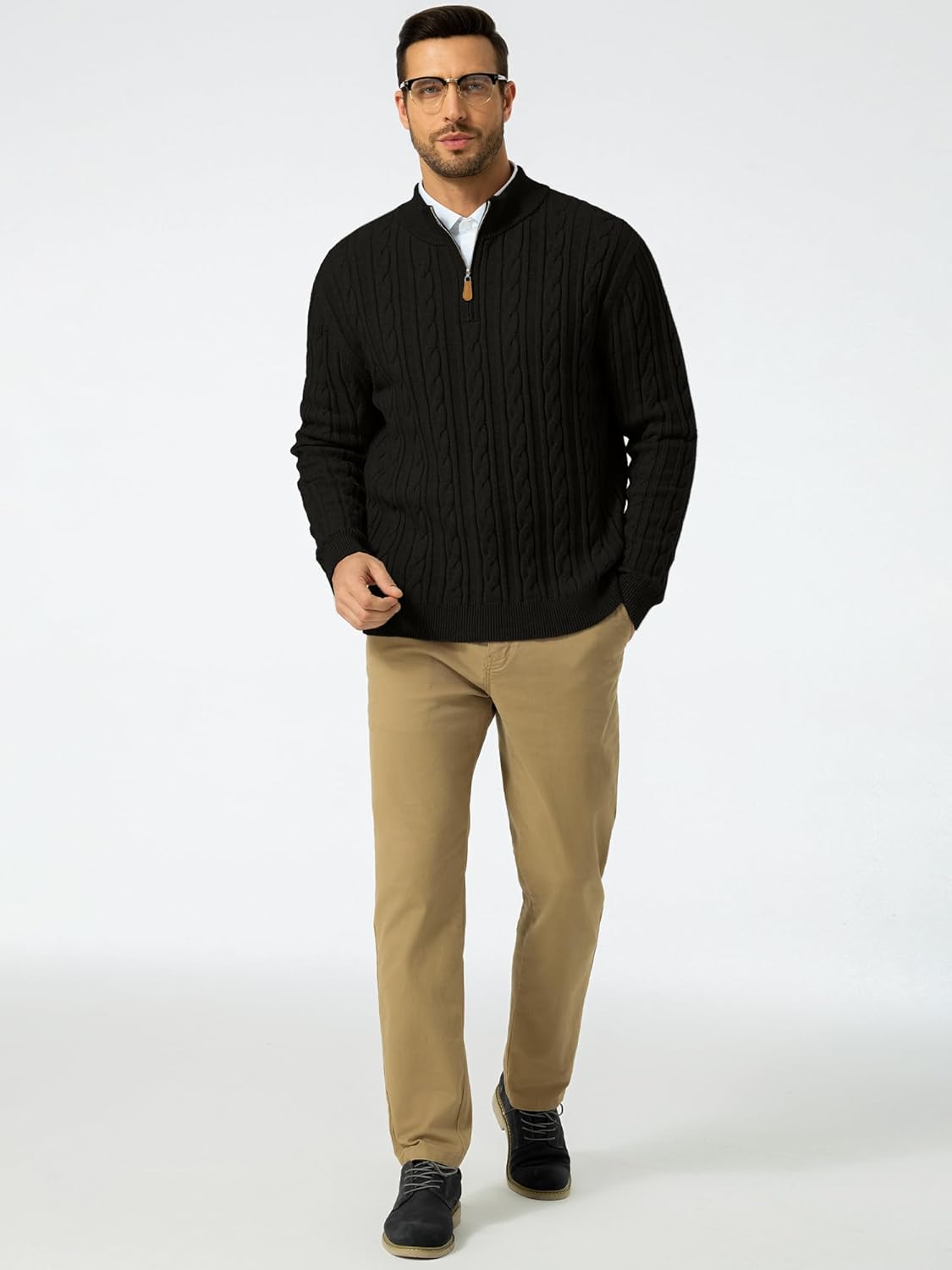 Men's Quarter Zip Pullover Sweater Cable Knit Casual Stand Collar Texture Knitted Sweaters
