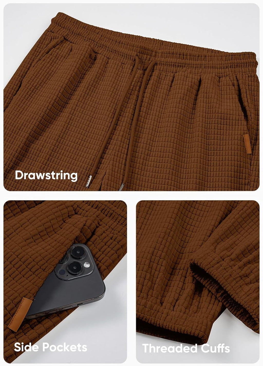 Mens Casual Pants Waffle Textured Drawstring Stretch Elastic Waist Tapered Joggers with Pockets