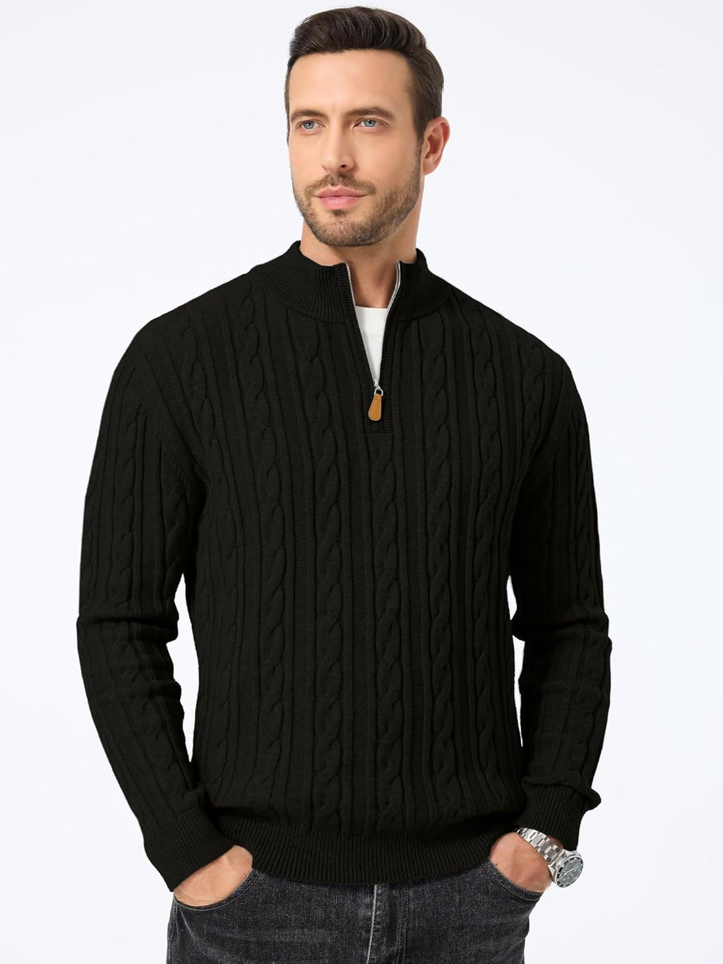 Men's Quarter Zip Pullover Sweater Cable Knit Casual Stand Collar Texture Knitted Sweaters