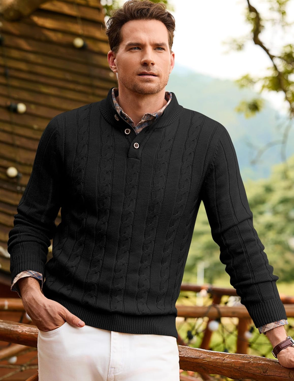 Men's Wool Blend Cable Knit Sweater Casual Long Sleeve Button Stand Collar Old Money Pullover Sweaters