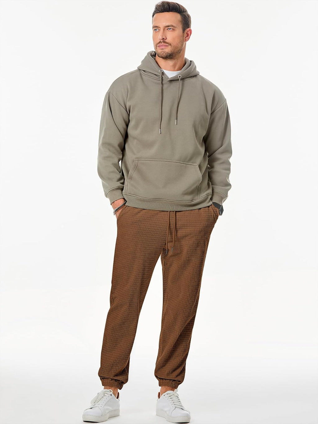 Mens Casual Pants Waffle Textured Drawstring Stretch Elastic Waist Tapered Joggers with Pockets