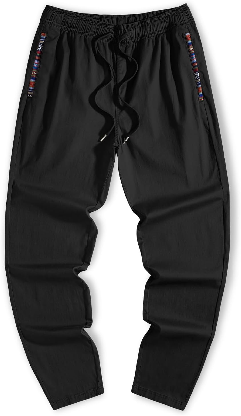 Men's Casual Pants Cotton Twill Drawstring Elastic Waist Chino Pants with Pockets