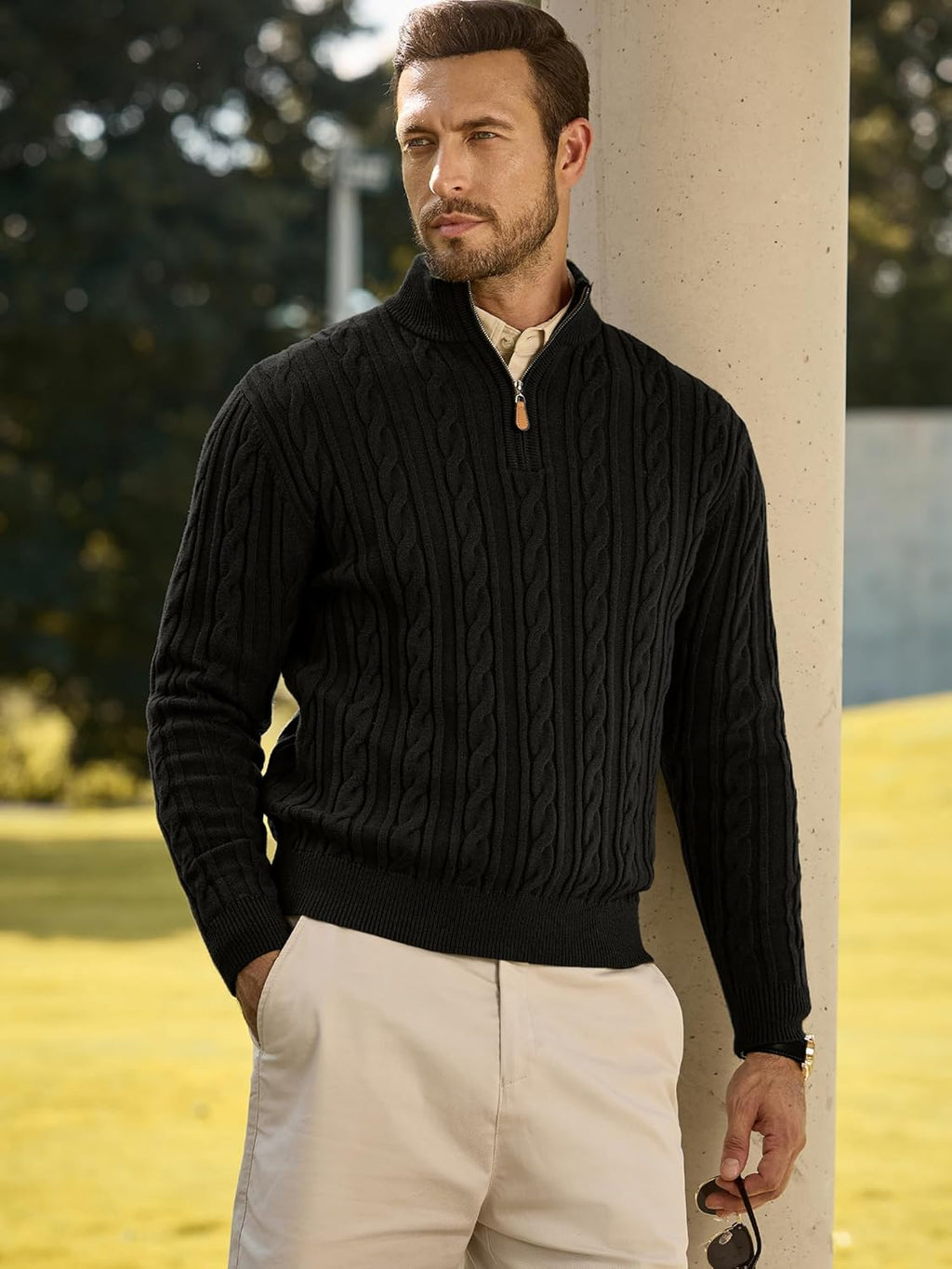 Men's Quarter Zip Pullover Sweater Cable Knit Casual Stand Collar Texture Knitted Sweaters