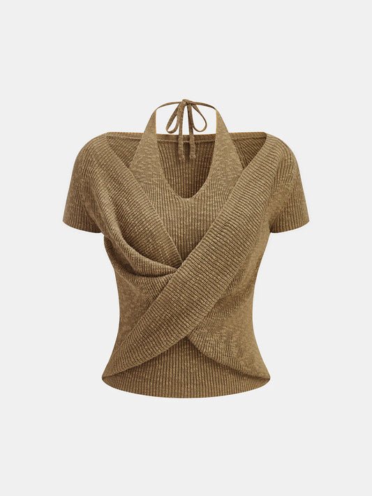 Halter Wrap Short Sleeve Knit Top