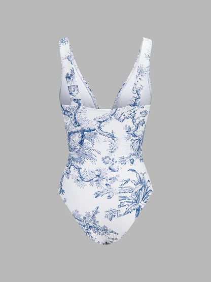 Printed One Piece Swimsuit & Sarong Set