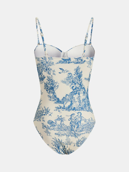 Toile Print One-Piece Swimsuit & Wrap Skirt Set