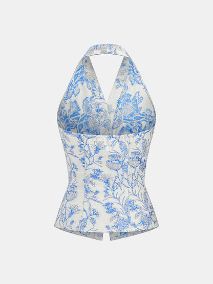 Floral Print Embellished Ruched Halter Top