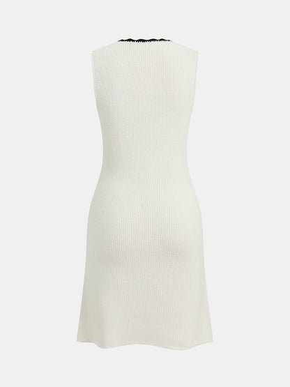 Contrast Trim Button-Front Sleeveless Knit Dress